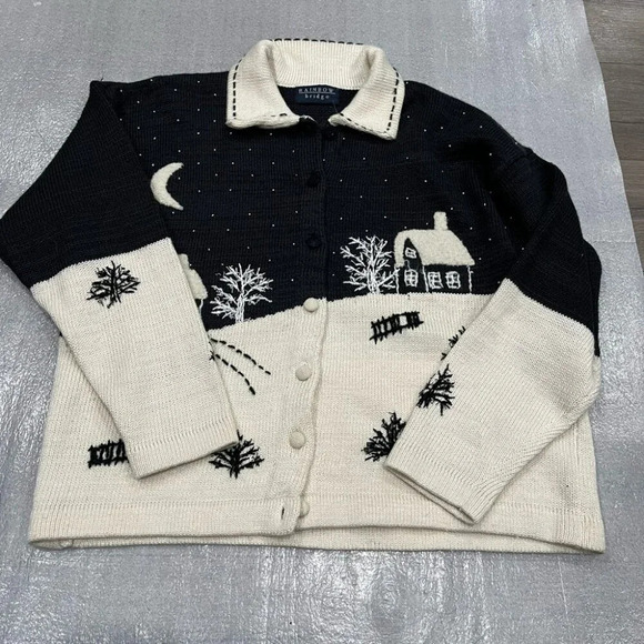 rainbow bridge Sweaters - [XL]Rainbow Bridge Winter Scene Embroidered Collared Button Knit Sweater